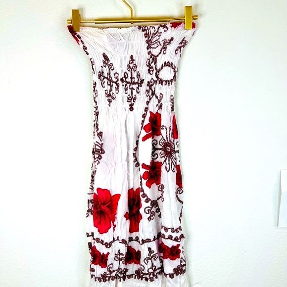 Strapless Smocked Dress White Pink Floral Boho Beach Cover-Up Small 27.5” Length - Picture 7 of 9